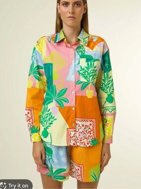 FRNCH Multicolor Tropical Colorblock Long Sleeve Shirt and Matching Shorts